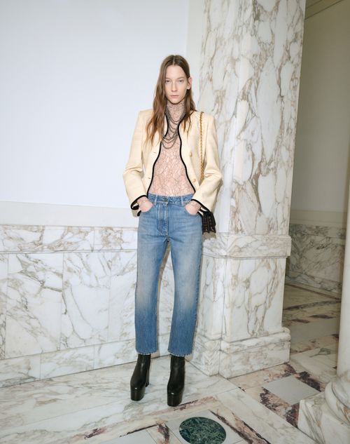 Valentino - Jacket In Silk Linen Canvas - Latte/black - Woman - Jackets And Blazers