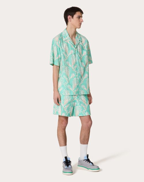 Valentino - Cotton Poplin Bermuda Shorts With Metamorphos Wheatsheaf Print - Turquoise/beige - Man - Ready To Wear