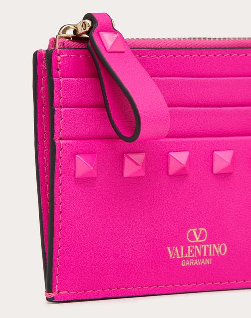 Valentino Garavani - Rockstud Calfskin Cardholder With Zip - Pink Pp - Woman - Wallets And Small Leather Goods
