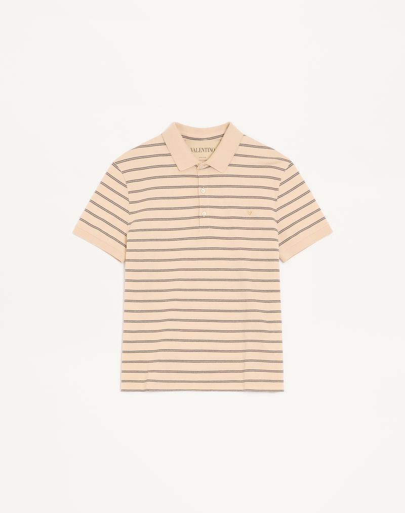 Polo Piqué Coton Rayures VGold Beige/Bleu Marine — Valentino