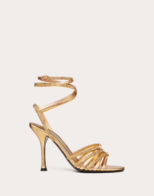 Valentino Garavani - Rockstud Strappy Sandal In Metallic Nappa Leather With Crystals 100mm - Antique Brass - Woman - Shelve - W Shoes - Tpc