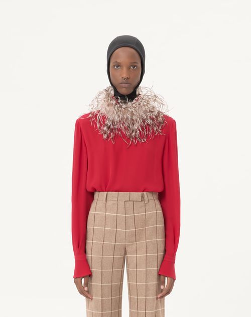 Valentino - Georgette Top With Feathers - Paris/brown - Woman - Shirts And Tops