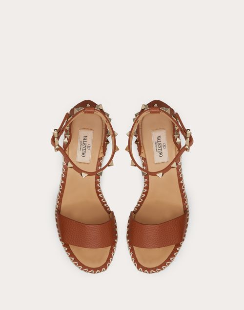 Rockstud Double Wedge Sandal Grainy Calfskin 105mm Woman in Saddle Brown/natural Valentino US