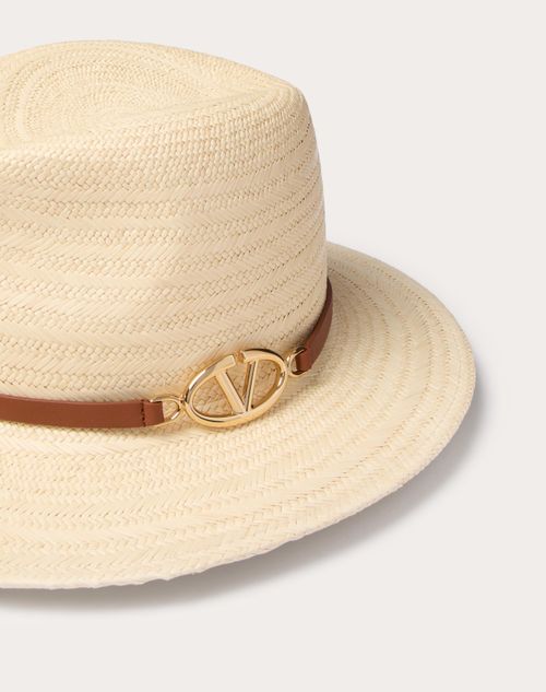 Valentino Garavani - The Bold Edition Vlogo Woven Panama Fedora Hat With Metal Detail - Natural/gold/saddle Brown - Woman - Hats And Gloves