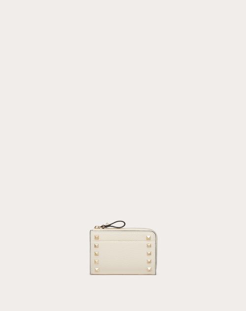 Valentino Garavani - Rockstud Card Holder In Grainy Calfskin With Key Chain - Light Ivory - Woman - Wallets And Small Leather Goods