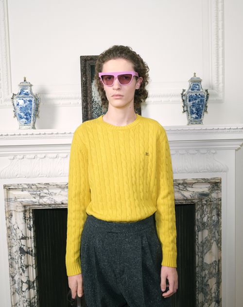 Valentino - Maglia Valentino In Cashmere A Trecce Con Vlogo - Giallo - Uomo - Maglieria