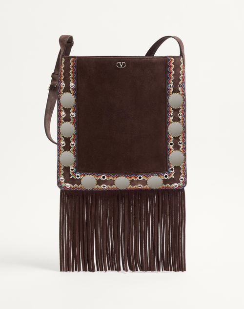 Valentino Garavani - Valentino Garavani Nellcôte Suede Shoulder Bag With Fringes - Multicolour/testa Di Moro - Man - Shoulder Bags