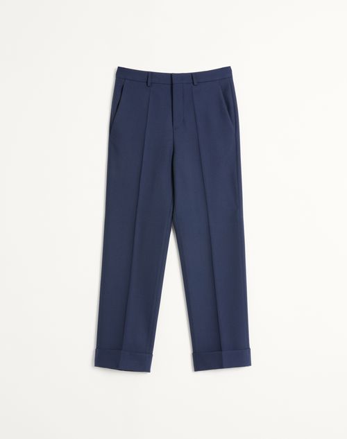 Valentino - Pantalone In Gabardina Di Lana Con Risvolto - Blu - Uomo - Pantaloni E Shorts