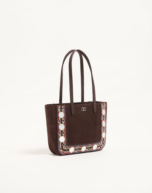 Valentino Garavani - Valentino Garavani Nellcôte Mini Suede Shopping Bag With Embroidered Trim - Ebony/multicolour - Woman - Totes