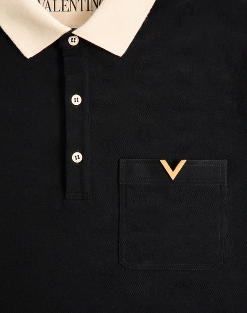 Valentino - Valentino Polo Shirt In Cotton Piquet With Vgold - Black/butter - Man - T-shirts And Sweatshirts