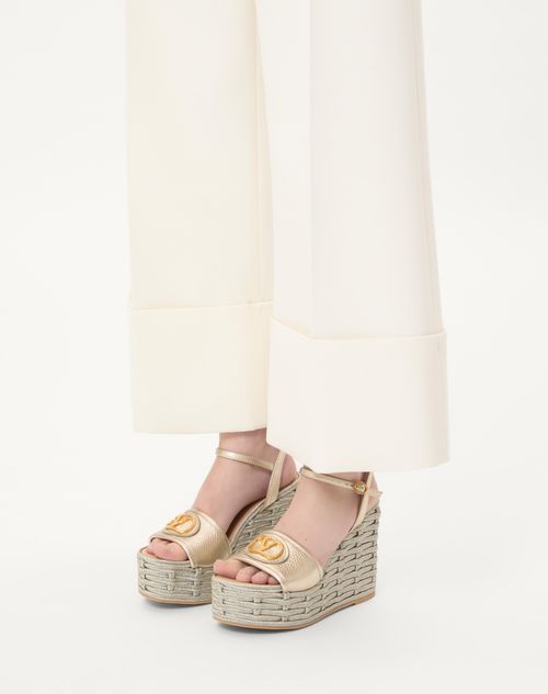 Valentino Garavani - Vlogo Signature Wedge Sandal In Laminated Grainy Calfskin 120mm - Platinum - Woman - Espadrilles - Shoes