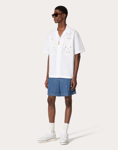 Valentino - Bowling Shirt In Cotton Poplin With Pomegranate Embroidery - White - Man - Shelf - Mrtw - Embroideries & Denim