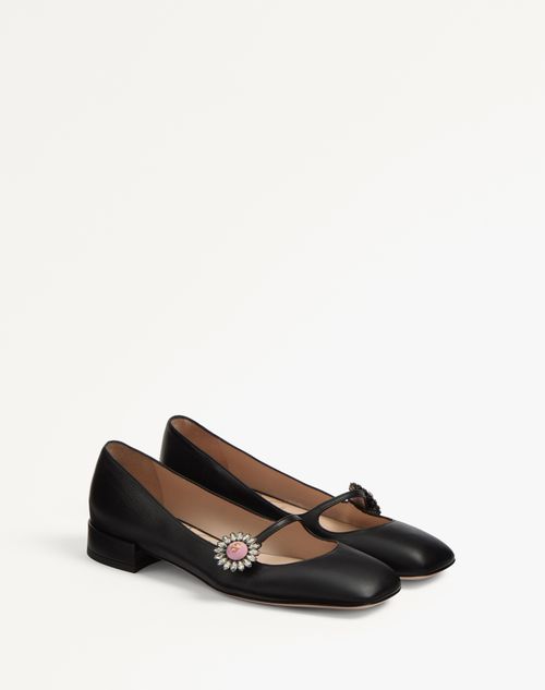 Valentino Garavani - Ballerines Façon Babies Preshoes En Cuir De Chevreau Avec Bouton-bijou, Talon : 20 mm - Noir/rose - Femme - Ballerines