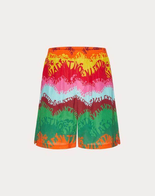Valentino - Silk And Cotton Bermuda Shorts In Valentino Waves Multicolor Print - Multicolor - Man - Pants And Shorts