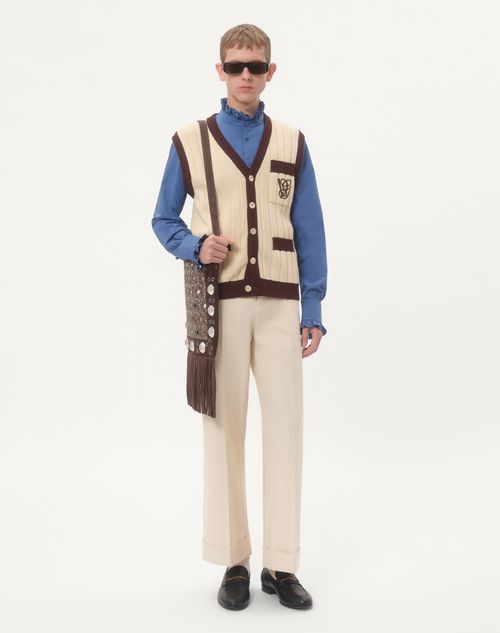 Valentino - Ribbed Cotton Waistcoat With Vg Embroidery - Butter/testa Di Moro - Man - New Arrivals