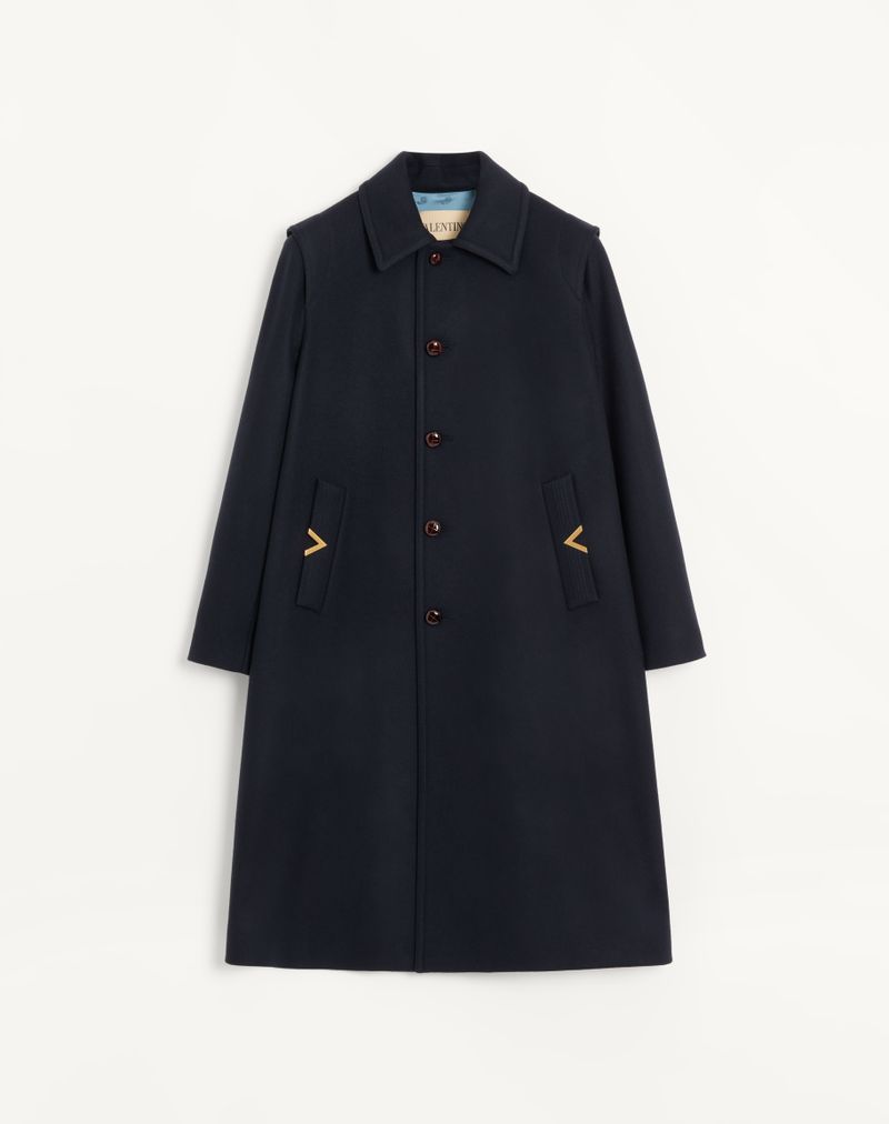 Manteau Droit Feutre Laine VGold Poches Marine — Valentino