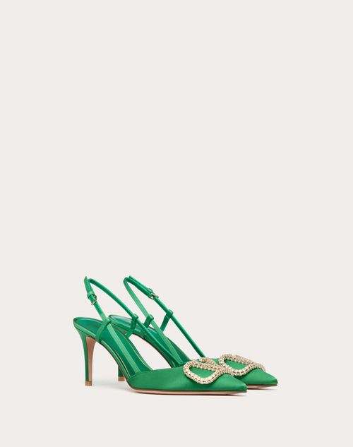 Valentino Garavani - Zapato De Satén Con Tacón De 80 mm, Correa Trasera Y El Vlogo Signature - Verde/cristal - Mujer - Rebajas Para Mujer