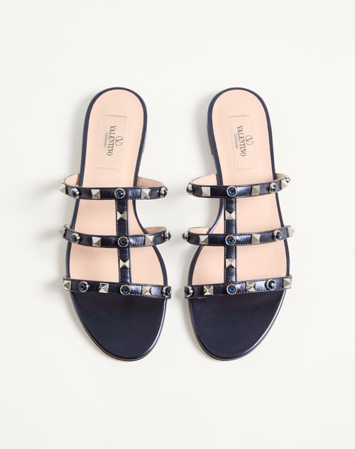 Valentino Garavani - Rockstud Slide Sandal In Laminated Nappa With Cabochon - Navy - Woman - Slides And Thongs
