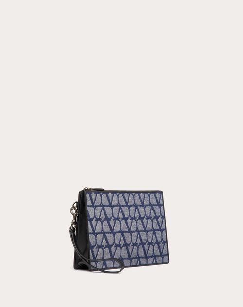 Valentino Garavani - Toile Iconographe Pouch In Denim-effect Jacquard Fabric With Leather Details - Denim/black - Man - Bags