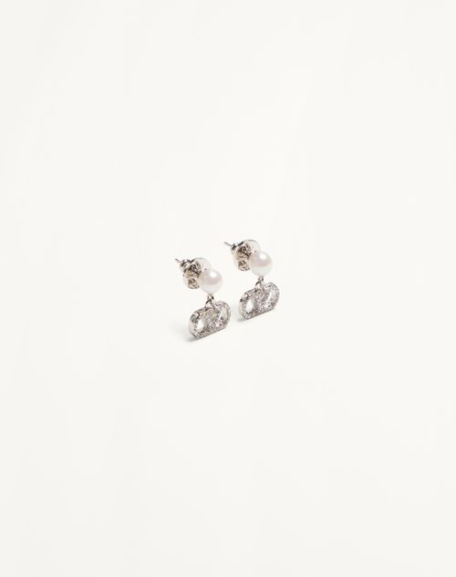 Valentino Garavani - Vlogo Signature Earrings In Metal, Pearl And Swarovski® Crystals - Palladium/cream/crystal - Woman - Jewellery