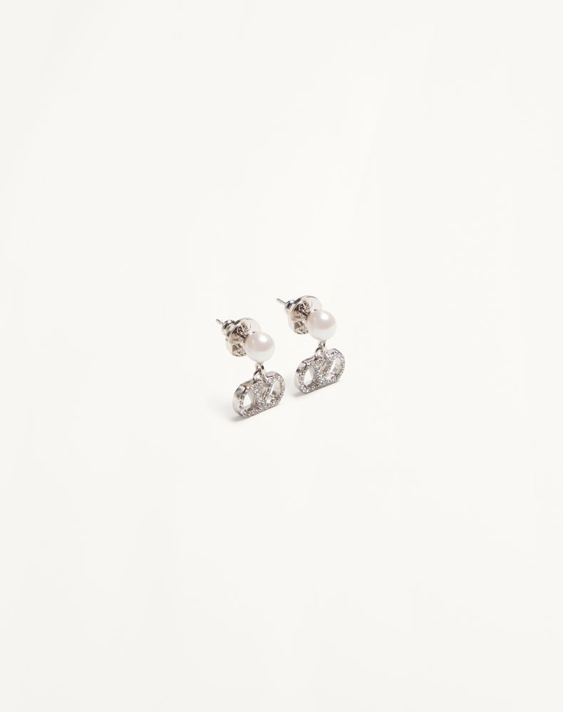 Valentino Garavani Vlogo Signature Earrings In Metal, Pearl And Swarovski Crystals Woman Palladium/Cream/Crystal Uni