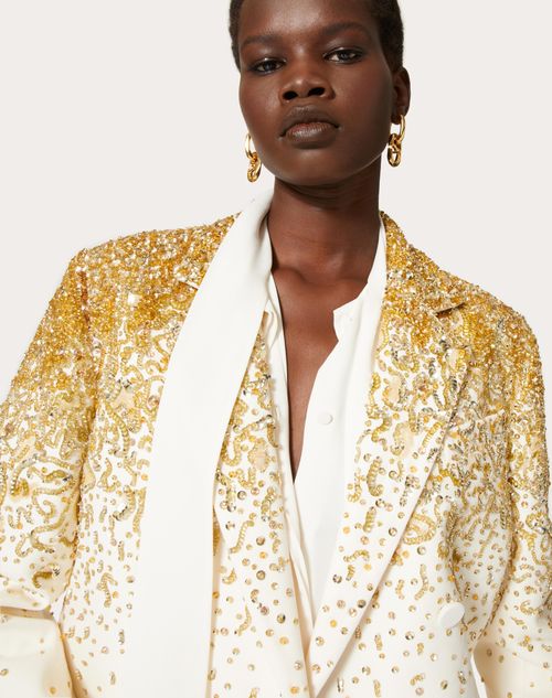 Embroidered Crepe Couture Blazer for Woman in Ivory/gold
