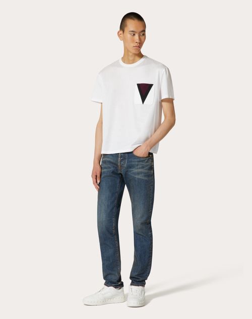 Valentino - Camiseta De Algodón Con Detalle De V Incrustada - Blanco - Hombre - Camisetas Y Sudaderas