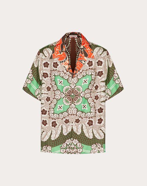 Silk Twill Bowling Shirt With Valentino Bandana Flower Print for Man in Green/multicolor Valentino HK