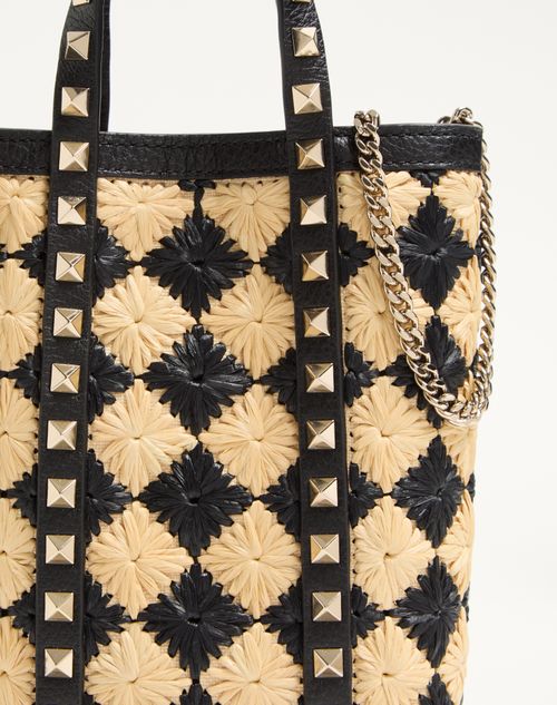 Valentino Garavani - Mini Tote With Synthetic Raffia Embroidered Rockstud Chain - Natural/black - Woman - Shelf - Vgd Accessories - Woman Accessories Sale
