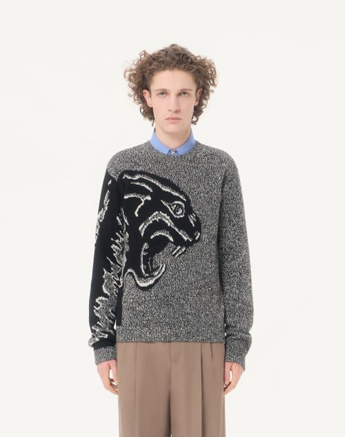 Valentino - Valentino Cotton And Mouliné Wool Jumper With Panther Jacquard - Ivory/black - Man - Knitwear