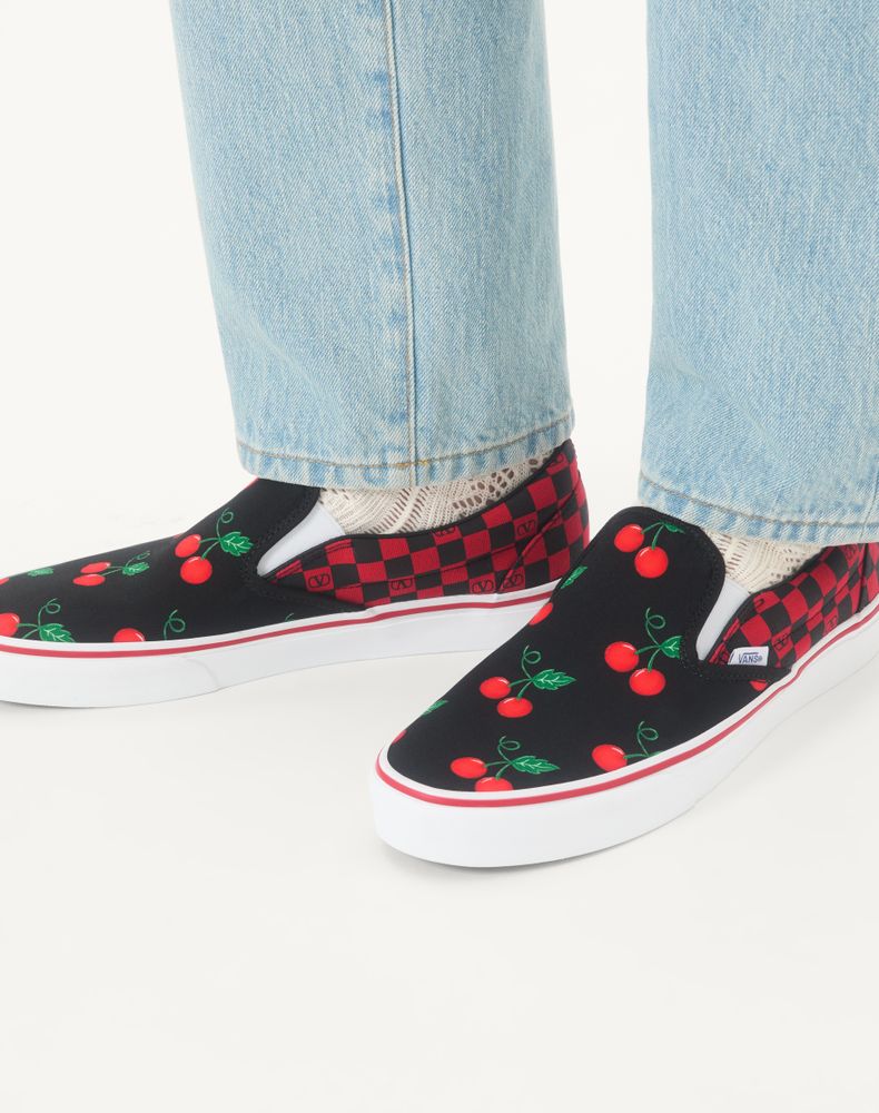 Valentino Garavani And Vans Slip-On Sneaker In Fabric With Maxi Cherryfic Print And Vlogo Checkerboard Print Man Black/Red 39