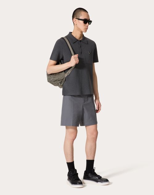 Valentino - Stretch Cotton Canvas Bermuda Shorts With Rubberized V Detail - Light Grey - Man - Pants And Shorts