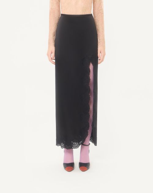 Valentino - Langer Rock Aus Crêpe-satin Mit Spitze - Schwarz - Frau - Röcke