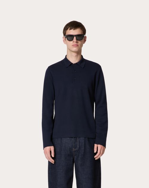 Long sleeve Wool Polo Shirt With Vlogo Signature Embroidery for Man in Navy Valentino GB