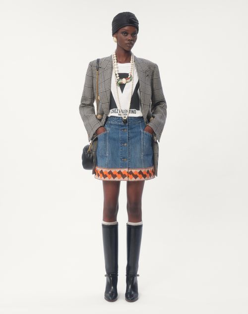 Valentino - Denim Skirt With Jacquard Trims - Denim - Woman - Denim