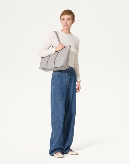 Valentino Garavani - Borsa Shopping Valentino Garavani Rockstud In Vitello Granato - Grigio - Donna - Valentino Garavani Rockstud