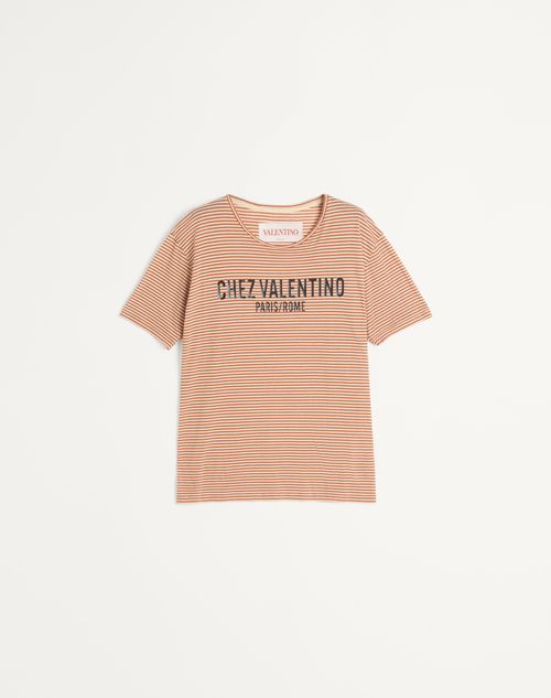 Valentino - Striped Cotton T-shirt With Chez Valentino Print - Butter/tangerine - Man - Tshirts And Sweatshirts