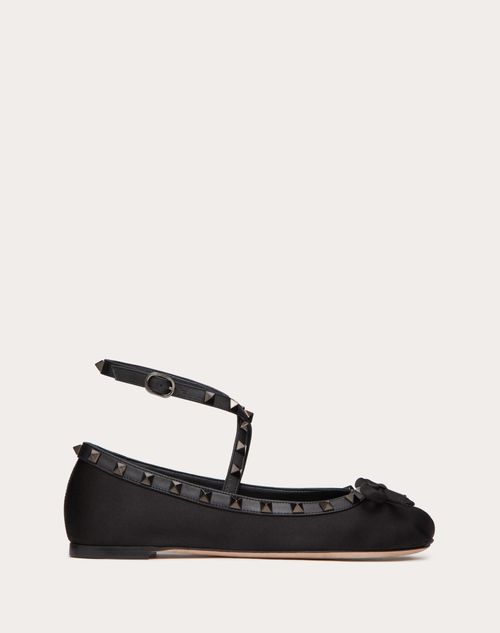 Valentino Garavani - Ballerines Rockstud En Satin Ornées De Clous Ton Sur Ton - Noir - Femme - Ballerines