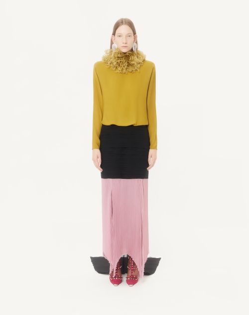 Valentino - Langes Kleid Aus Light Georgette Mit Federn - Ocker/schwarz/rosa - Frau - Kleider