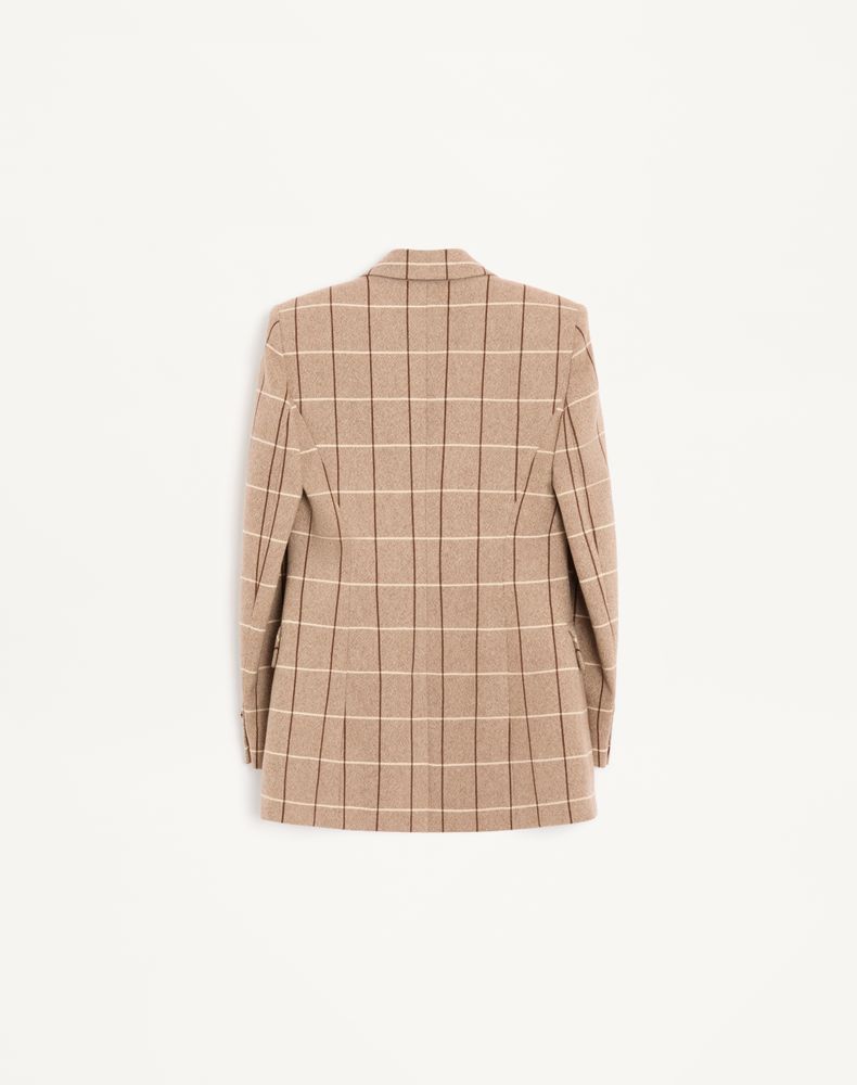 Valentino Double-Breasted Wool Blazer With Windowpane Pattern Woman Beige/Maroon/Ivory 48