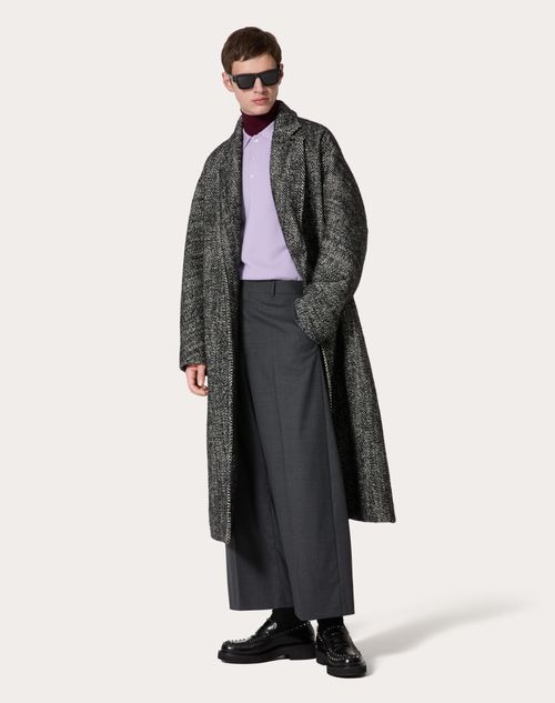 Valentino - Technical Wool Coat With All-over Chevron Pattern - White/ Black - Man - Coats And Blazers