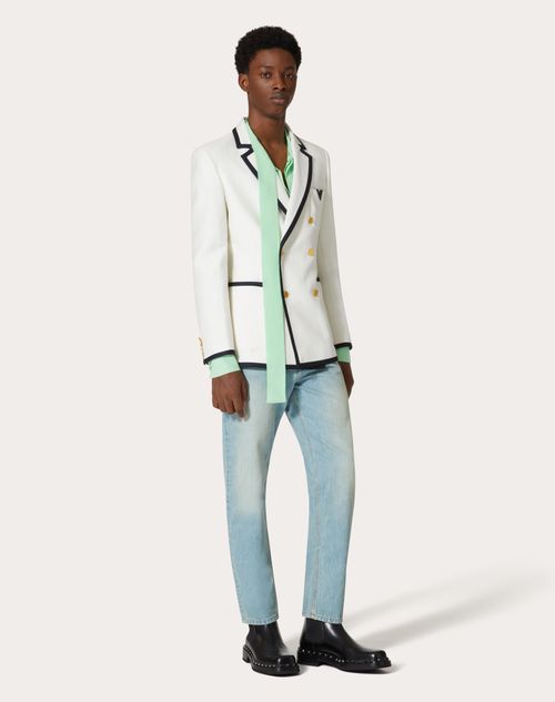 Valentino - Double-breasted Wool And Silk Jacket With Rubberised V Detail - Ivory - Man - Coats And Blazers