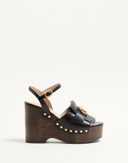 Valentino Garavani - Vlogo Signature Calfskin Clog Sandal With Fringes 120mm - Black - Woman - Espadrilles And Wedges