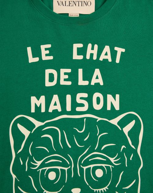 Valentino - Cotton T-shirt With Le Chat De La Maison Print - Green - Man - Tshirts And Sweatshirts