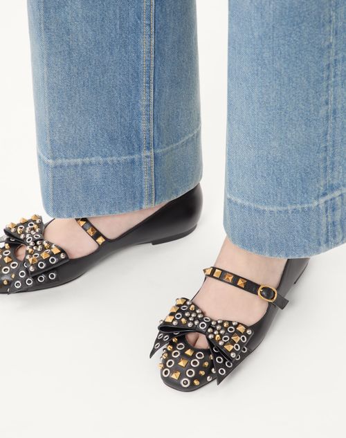Valentino Garavani - Mary-jane Bowow Ballerina In Kidskin With Studs - Black - Woman - Ballerinas