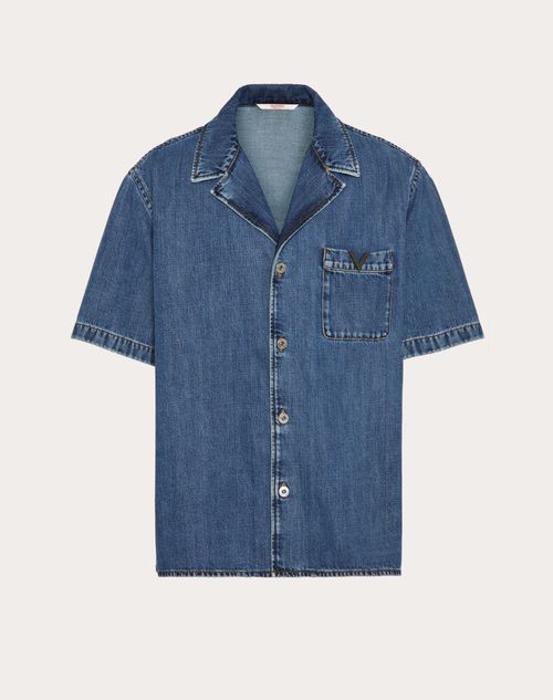 Valentino - Denim Bowling Shirt With Metallic V Detail - Denim - Man - Denim