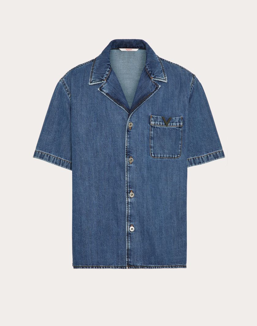 Valentino Handbags Camicia Bowling In Denim Con V Detail Metallica per Uomo in Denim | Valentino IT