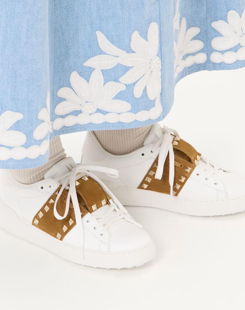 Valentino Garavani Rockstud Untitled Sneaker In Calfskin With Split Leather Band Woman White/Havana Beige 39.5