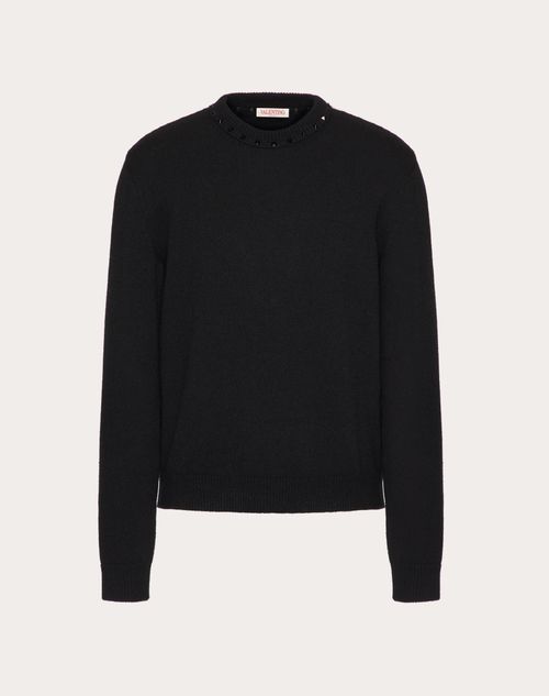 Valentino - Cashmere Crewneck Sweater With Black Untitled Studs - Black - Man - Sweaters