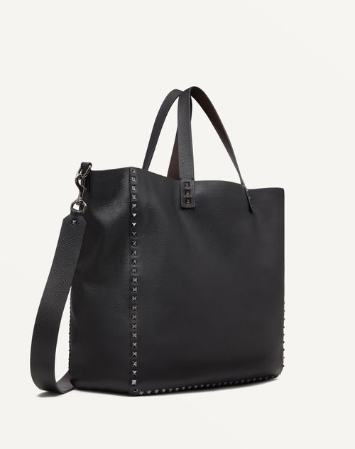 Valentino Garavani - Large Rockstud Shopper In Grainy Calfskin - Black - Man - Totes